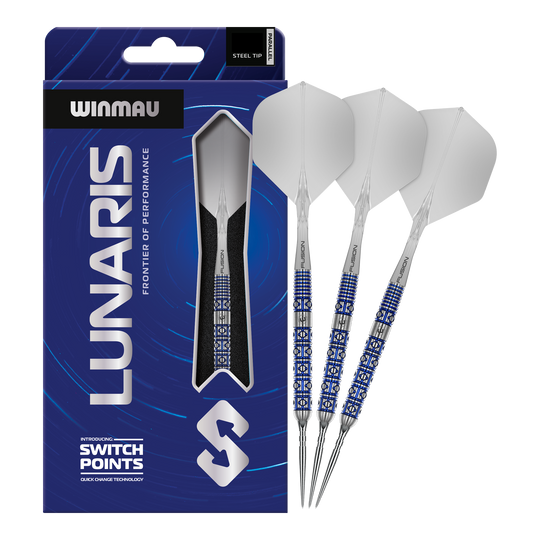 Zu sehen sind die Winmau Lunaris Parallel Switch Point Steeldarts in voller Länge. Das Produkt wird frontal gezeigt.