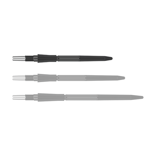 Das Bild zeigt eine einzelne schwarze Dartspitze der Target Elysian Archetype 43 SwissPoint Serie in 30 mm Länge. Die Spitze liegt einzeln auf neutralem Hintergrund.