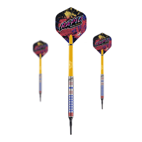 Bulls NL Ricky Evans Rapid Edition One Soft Darts - 20g Das Bild zeigt drei Softdarts der Marke "Bulls NL Ricky Evans Rapid Edition One" mit einem Gewicht von 20g. Die Darts sind gelb mit farbigen Flights, auf denen "Rapid Ricky Evans" steht.