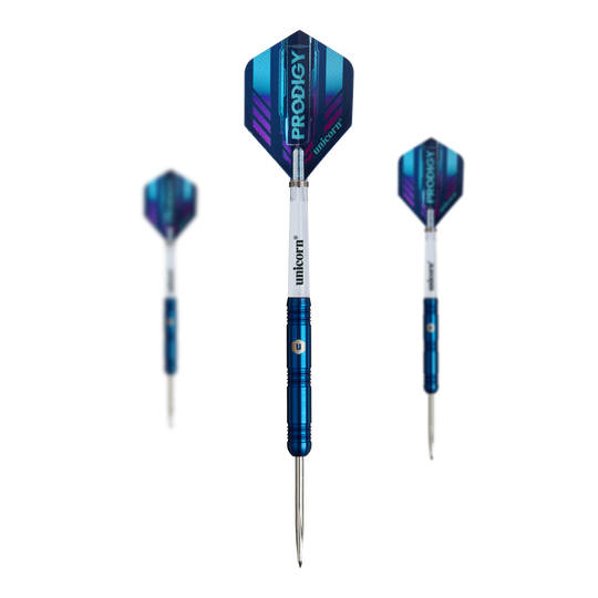 Das Bild zeigt drei Steeldarts des Produkts "Unicorn Prodigy 01 Parallel". Die Darts haben blaue Schäfte und weiße Flights mit dem Aufdruck "PRODIGY".