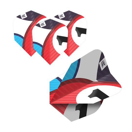 337206_Target_ProUltra_5Sets_Multipack_Chicane_Ten-X_Flights_5D2yaPULLaFM9w Das Bild zeigt fünf Sätze der Target Pro Ultra Chicane Multipack Ten-X Flights. Die Flights sind in den Farben Weiß, Rot, Blau und Schwarz gestaltet.