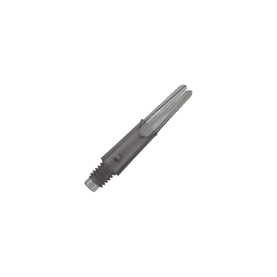L-L-Style-Shafts Locked Straight - Clear Black Das Bild zeigt einen klaren, schwarzen Dart-Schaft in gerader Form. Er hat ein Schraubgewinde am unteren Ende und ist ohne Kappen abgebildet.