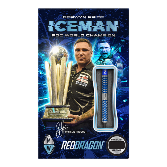 Red Dragon Gerwyn Price Glacier steel darts Das Bild zeigt die Verpackung der "Red Dragon Gerwyn Price Glacier Steeldarts". Auf der Verpackung sind Gerwyn Price, ein großer Pokal und ein Steeldart abgebildet.
