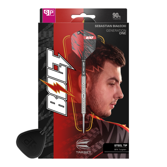 Target Sebastian Bialecki GEN1 Swiss Point Steeldarts - 22g Das Bild zeigt die Verpackung der "Target Sebastian Bialecki GEN1 Swiss Point Steeldarts - 22g". Auf der Verpackung ist ein Dartpfeil sowie das Porträt eines Mannes zu sehen.