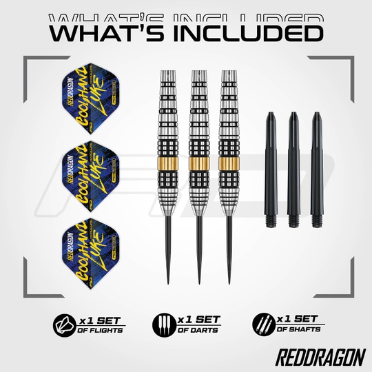 Red Dragon Luke Humphries Brass Steel Darts - 21 g Gezeigt werden die Red Dragon Luke Humphries Brass Steeldarts mit 21 Gramm Gewicht. Diese Darts bieten professionelles Spielgefühl und ansprechendes Aussehen.