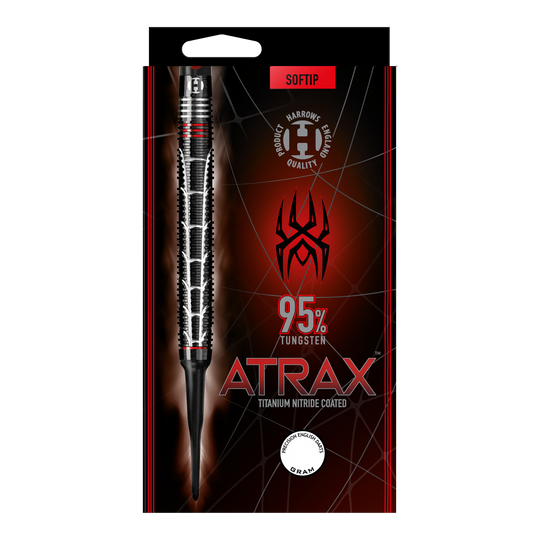 Harrows Atrax Softdarts Auf dem Bild ist eine Verpackung für einen Softdart mit der Aufschrift "ATRAX" zu sehen. Der Dart besteht zu 95 % aus Wolfram und ist titan-nitrid beschichtet.