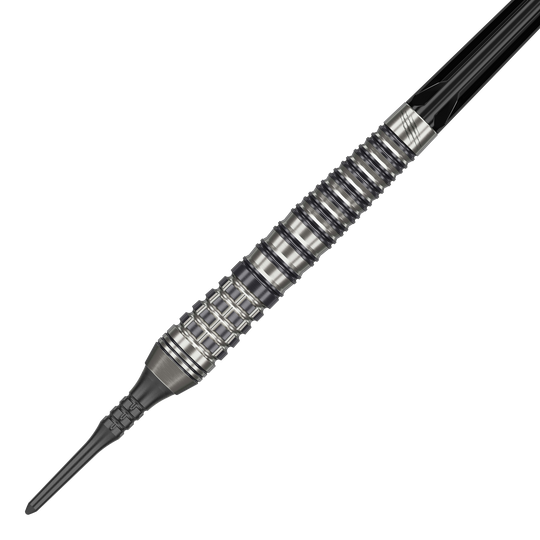 Target Japan Black Marque Renegade 4 Softdarts - 19g Das Bild zeigt einen Target Japan Black Marque Renegade 4 Softdart mit 19g Gewicht. Der Dart hat ein silber-schwarzes, gerilltes Design und eine schwarze Softspitze.