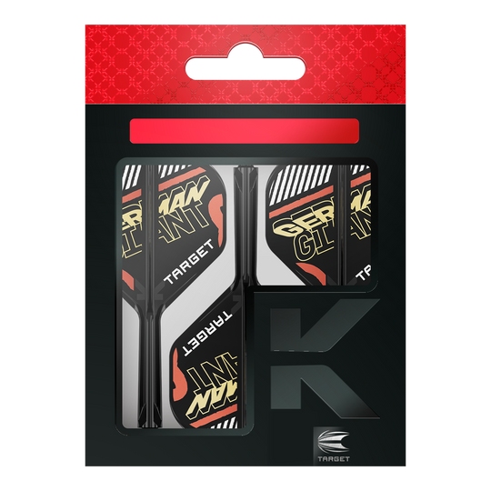 Target K-Flex Gabriel Clemens No2 Standard Flight Shaft System Auf dem Bild ist eine Verpackung mit Dart-Flights und Schäften der Marke Target zu sehen. Auf den Flights steht in gelber Schrift "GERMAN GIANT".