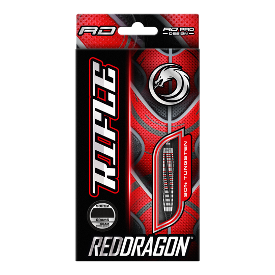 Red Dragon Rifle Soft Darts - 20g Die Abbildung zeigt die Verpackung der "Red Dragon Rifle Softdarts - 20g". Das Design ist auffällig in Rot und Schwarz gehalten und zeigt eine Abbildung eines Dartpfeils.