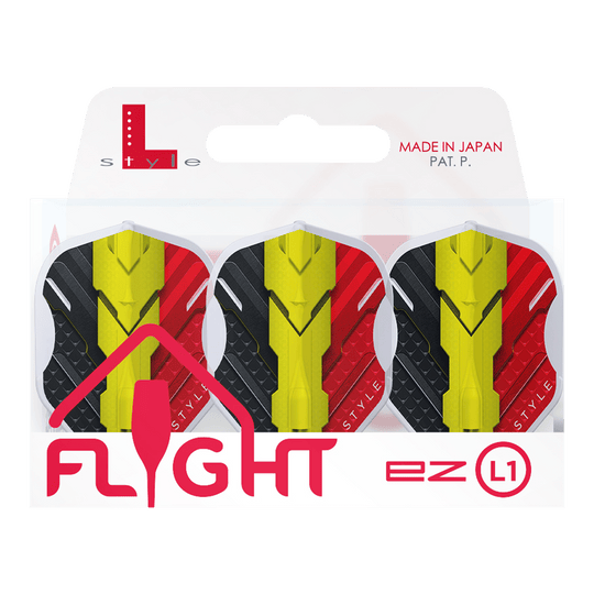 L-Style V-Series V1 Type C Belgium Clear White L1EZ Flights Das Bild zeigt eine Packung mit drei L-Style V-Series V1 Type C Belgium Clear White L1EZ Flights. Die Flights sind in den Farben Schwarz, Gelb und Rot gestaltet und werden in einer Verpackung mit der Aufschrift "Made in Japan" präsentiert.