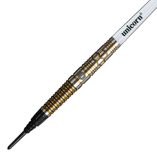 Das Foto zeigt Unicorn Hexium Style 03 Gold & Black Softdarts, 23g. Die Darts haben ein modernes Muster in Gold und Schwarz.
