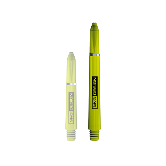 Das Bild zeigt zwei Winmau Nylon Ring Grip MvG Design Shafts in leuchtendem Gelb. Beide Shafts haben ein schwarzes „MvG DESIGN“-Logo aufgedruckt.