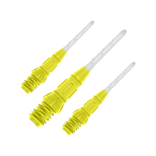 L-Style Premium Two Tone Lippoints (Pack of 30) Auf dem Bild sind drei gelb-weiße Dartspitzen zu sehen. Sie sind nebeneinander angeordnet und wirken modern sowie hochwertig verarbeitet.