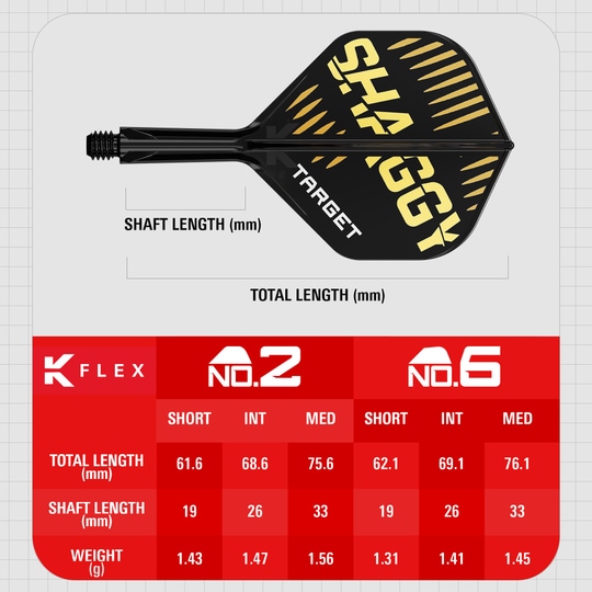 Das Bild zeigt das Produkt "Target K-Flex Scott Williams No2 Standard Flights" mit einem schwarzen und goldenen Design. Unten sind die Maße für verschiedene Längen und Gewichte der Flights in einer Tabelle dargestellt.
