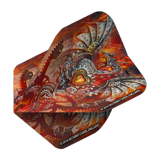 Alchemy Tech Dragon No2 Standard Flights Das Bild zeigt ein Dart-Flight mit einem detailreichen, mechanischen Drachenmotiv in Rot- und Metalltönen. Auf dem Flight steht "2014 ALCHEMY CARTA, ENGLAND" geschrieben.