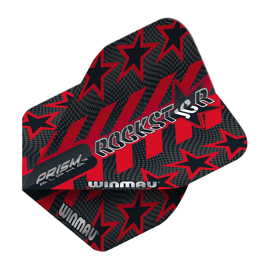 6915-198_Winmau_Prism_Alpha_Joe_Cullen_Standard_Flights_28jSQ3fPJvMkNS Das Bild zeigt die Dartflights "Winmau Prism Alpha Joe Cullen Standard Flights". Das Design ist schwarz-rot mit auffälligen Sternen und dem Schriftzug "ROCKSTAR".