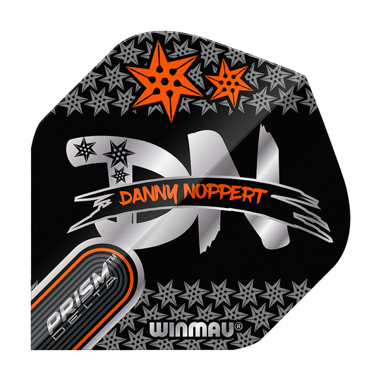 Das Bild zeigt ein Dart-Flight mit dem Namen "Winmau Prism Delta Danny Noppert Black Signature No2 Standard Flights". Auf dem schwarzen Flight sind silberne und orangefarbene Sterne sowie der Name von Danny Noppert in orange geschrieben.