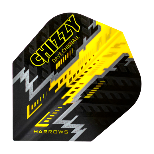 HR7532_Harrows_Dave_Chisnall_Prime_Schwarz_Gelb_No6_Flights_1 Das Bild zeigt ein Dartflight mit dem Namen "Harrows Dave Chisnall Prime Schwarz Gelb No6". Das Design ist überwiegend schwarz mit gelben und silbernen grafischen Elementen und der Aufschrift "CHIZZY" und "HARROWS".