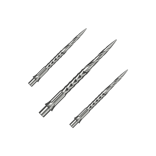 Caliburn System steel dart tips - Spiro - NoLip - silver Das Bild zeigt ein Set aus silbernen Steeldartspitzen. Diese Spitzen sind 32 mm lang und haben ein Spiro NoLip Design.