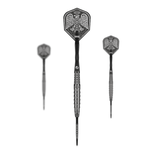 Shot Goths Wulfaz Turbo Point Steel Darts - 23g Das Bild zeigt das Shot Goths Wulfaz Turbo Point Steeldarts - 23g Set. Alle Teile des Dart Sets sind deutlich zu erkennen.