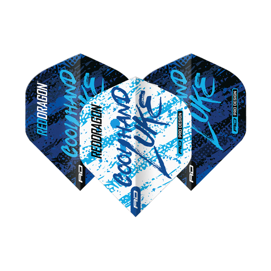 Red Dragon Luke Humphries World Champion Blue White Yin Yang Standard Flights Das Bild zeigt drei Dart-Flights mit dem Design "Red Dragon Luke Humphries World Champion Blue White Yin Yang". Die Flights sind in Blau, Weiß und Schwarz gehalten und tragen die Aufschrift "Cool Hand Luke".