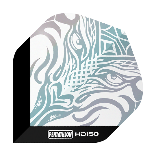 Pentathlon HD150 Metallic Clear Standard Flights Das Bild zeigt das Produkt "Pentathlon HD150 Metallic Clear Standard Flights". Auf dem Flight ist ein stilisiertes, metallisch schimmerndes Muster zu sehen, das an ein Tiergesicht erinnert.