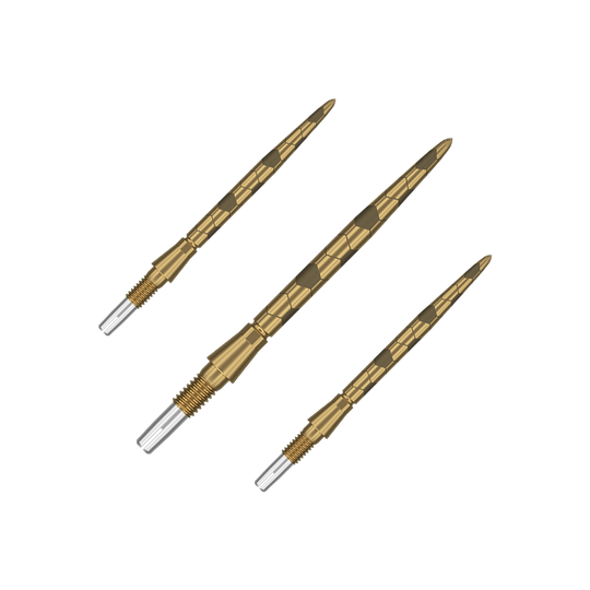 Target Swiss Storm Onyx Point Dart Tips - Gold Das Bild zeigt drei goldfarbene Dartspitzen mit einem strukturierten Muster. Am unteren Ende haben sie ein silbernes Schraubgewinde zur Befestigung.