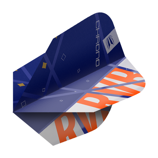 Das Bild zeigt ein Dart-Flight aus der Serie "Target Pro Ultra Raymond Van Barneveld Chrono Ten-X Standard". Das Flight ist hauptsächlich blau mit orangefarbenen und weißen Akzenten sowie dem Schriftzug "RV" und "CHRONO".