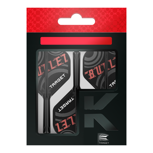 Target K-Flex Stephen Bunting No2 Standard Flight Shaft System Die Abbildung zeigt eine Verpackung der "Target K-Flex Stephen Bunting No2 Standard Flights". Die Flights sind schwarz, weiß und rot gestaltet und tragen die Aufschrift "THE BULLET" sowie "TARGET".