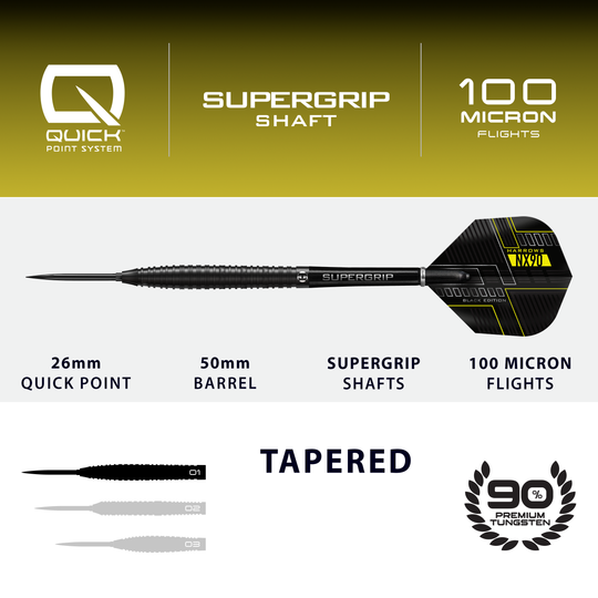 Harrows NX90 Black Edition Tapered Quick Point Steel Darts Das Bild zeigt die Harrows NX90 Black Edition Tapered Quick Point Steeldarts. Diese Steeldarts zeichnen sich durch ihr modernes schwarzes Design aus.
