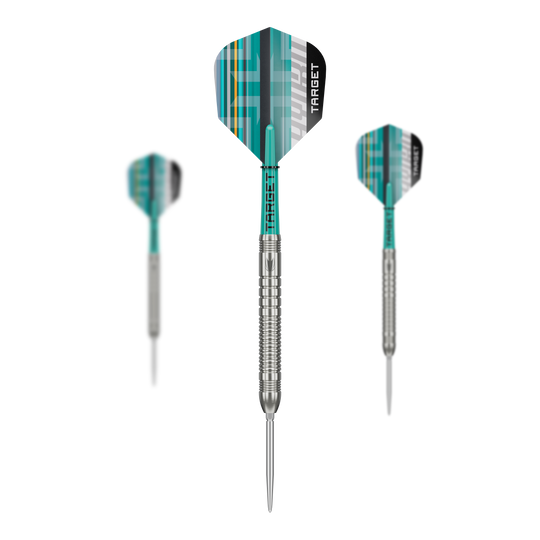 Hier ist das Set der Target Hydro 03 Swiss Point Steeldarts abgebildet. Es handelt sich um ein komplettes Dart-Set für professionelle Spiele.