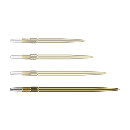 Target Swiss Point Gold dart tips Auf dem Bild sind vier goldfarbene Dartspitzen zu sehen, die nebeneinander liegen. Die Spitzen haben einen silbernen Abschnitt am linken Ende und sind ansonsten komplett goldfarben.