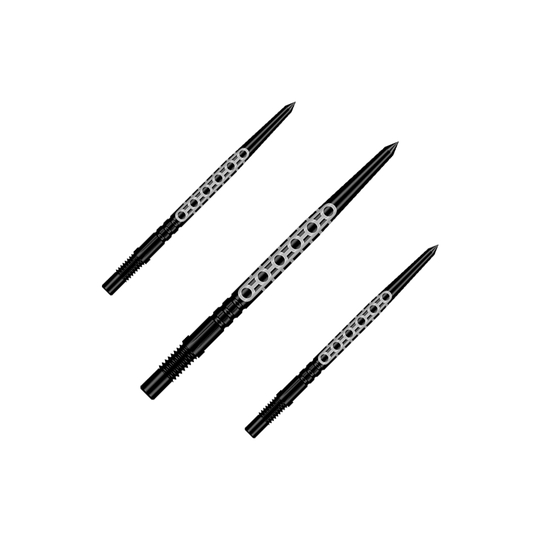 Shot Turbo Point Goths Dart Tips - Black Ein Set aus mehreren schwarzen Dartspitzen ist zu sehen. Die Spitzen eignen sich für verschiedene Dartpfeile.