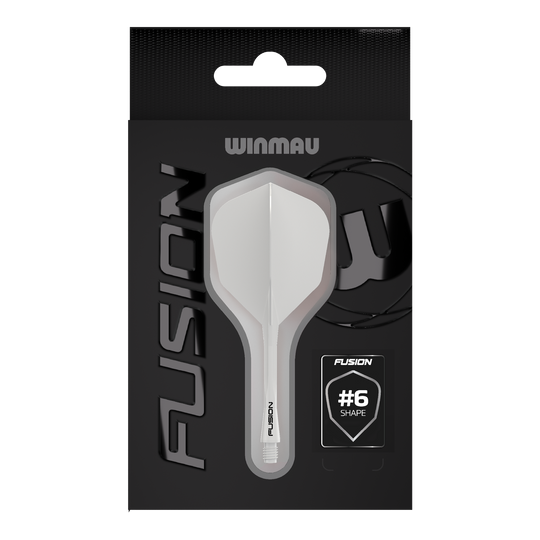 Das Bild zeigt das Winmau Fusion Flight-Shaft-System No6 Solid White. Es handelt sich um ein weißes Dart-Zubehör.