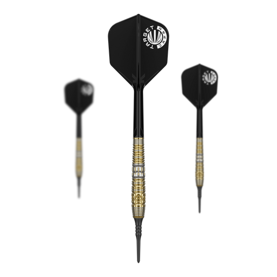 Auf dem Bild sind drei Softdarts des Produkts "Target Japan Hot Shot GEN2 Softdarts - 19g" zu sehen. Die Darts haben schwarze Flights und goldene Griffe mit feinen Gravuren.