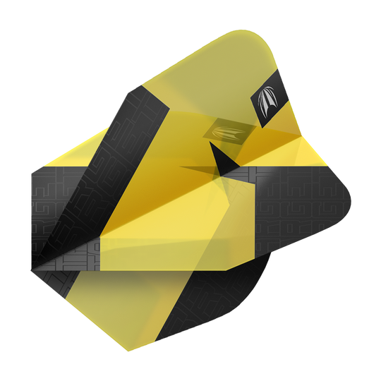 Das Bild zeigt ein Dart-Flight der Marke Target in Gelb und Schwarz. Es handelt sich um das Modell "Pro Ultra TAG Gelb Ten-X Standard Flights – 3 Sets".