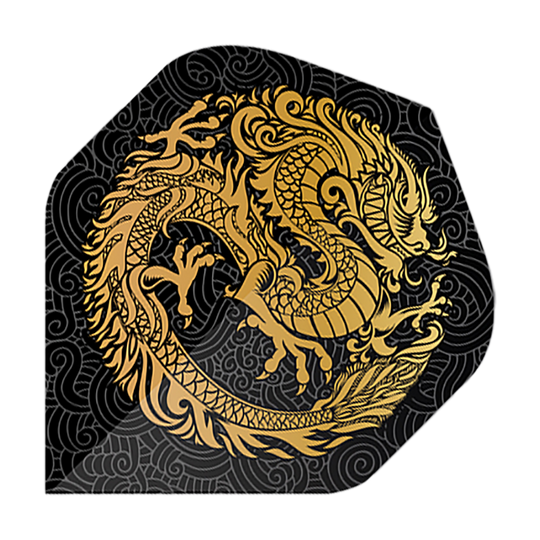 Pentathlon Flights Dragon black Das Bild zeigt die Pentathlon Dragon 2 Standard Flights. Auf schwarzem Hintergrund ist ein goldener Drache kunstvoll dargestellt.
