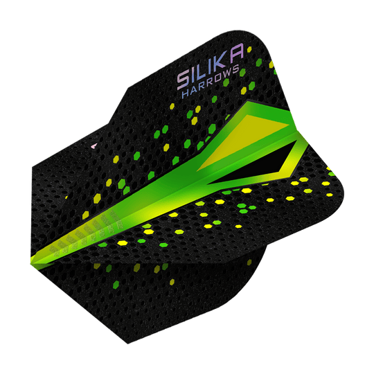 Harrows Silika Colorshift Tough Crystalline Coating Green No6 Flights Das Bild zeigt ein Dartflight der Marke Harrows mit dem Namen „Silika Colourshift Tough Crystalline Coating Green No6“. Das Flight ist überwiegend schwarz mit grünen und gelben Akzenten sowie hexagonalen Mustern.