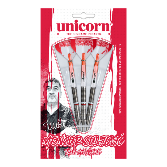 Unicorn Scale Suljovic The Gentle Steeldarts - 23g Abgebildet ist das Unicorn Mensur Suljovic The Gentle Steeldarts-Set mit 23g Gewicht. Diese Darts sind für alle gedacht, die Mensur Suljovic schätzen.