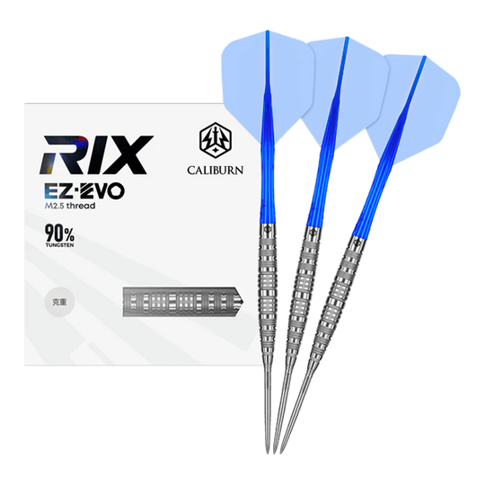 Caliburn Rix EZ-EVO R6 steel darts Auf dem Bild ist der Caliburn Rix EZ-EVO R6 Steeldarts vollständig dargestellt. Die Details und das Design sind gut sichtbar.