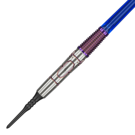 Das Bild zeigt den Target Japan Haruki Muramatsu Rising Sun GEN9 2BA Softdart mit einem Gewicht von 21,5g. Der Dart hat ein silbernes Barrel mit lilafarbenen und blauen Akzenten.