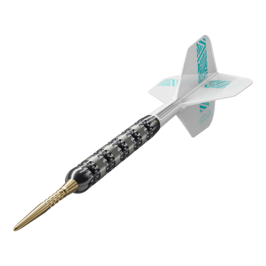 Target Rob Cross 95K Swiss Point Steel Darts Das Bild zeigt einen Target Rob Cross 95K Swiss Point Steeldart. Der Dart hat eine schwarze Griffzone, eine goldene Spitze und weiße Flights mit türkisfarbenem Muster.