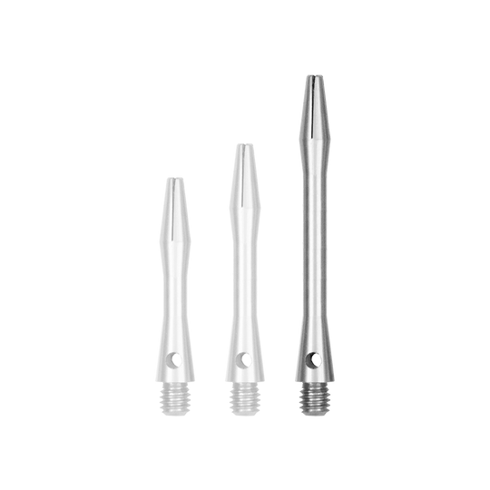 519_Aluminium_Shafts_Silber_46mm_1 Das Bild zeigt drei Aluminium-Schäfte in Silber nebeneinander. Die Schäfte haben unterschiedliche Längen und sind zum Einschrauben geeignet.