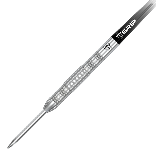 Bulls Challenger Sascha Stuhlemmer Steeldarts - 23g Das Bild zeigt einen Bulls Challenger Sascha Stuhlemmer Steeldart mit einem Gewicht von 23g. Der Dartpfeil hat eine silberne Spitze und einen geriffelten Griffbereich für besseren Halt.