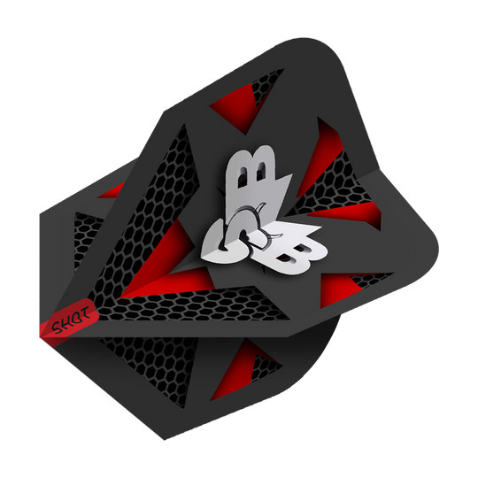 Shot Michael Smith Tenacious No6 Flights Das Bild zeigt das Produkt "Shot Michael Smith Tenacious No6 Flights". Das Flight ist schwarz mit roten und silbernen Designelementen sowie dem Schriftzug "SKQT" in der Ecke.