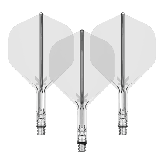 Das Bild zeigt ein Set von Target KShift No2 Standard Flights, klar, mit einer Größe von 19mm. Das Produkt ist ein Zubehör für Darts.