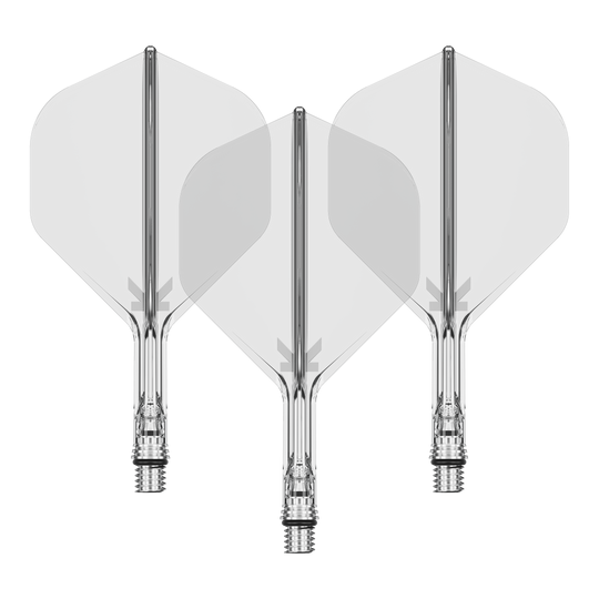 Target K-Shift No2 Standard Flights - Clear Das Bild zeigt ein Set von Target KShift No2 Standard Flights, klar, mit einer Größe von 19mm. Das Produkt ist ein Zubehör für Darts.