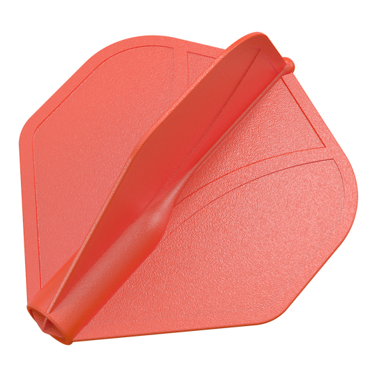 Das Bild zeigt eine rote, geformte Dart-Flügelspitze. Die Oberfläche ist strukturiert und hat eingeprägte Linien als Muster.