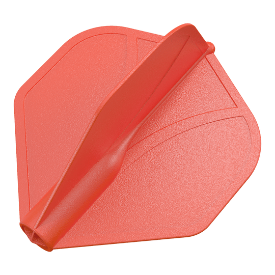 Shot Airfoil Molded No2 Standard Flights Das Bild zeigt eine rote, geformte Dart-Flügelspitze. Die Oberfläche ist strukturiert und hat eingeprägte Linien als Muster.
