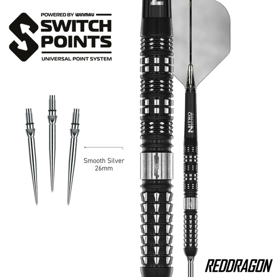 Auf dem Bild sind die Red Dragon Recon Parallel Steeldarts zu sehen. Die Darts haben ein paralleles Barrel-Design für gleichmäßigen Griff.